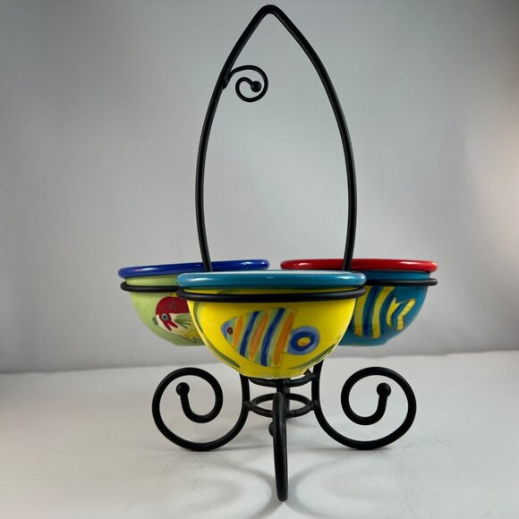 Fish Ceramic Condiment Sauce Holders Metal Fish Shaped Tidbit Caddy - Picture 14 of 16